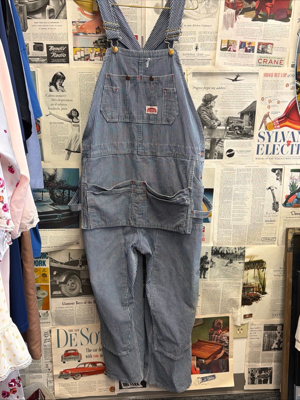 Vintage Round House Hickory Stripe Work Overalls Size 40 x 34